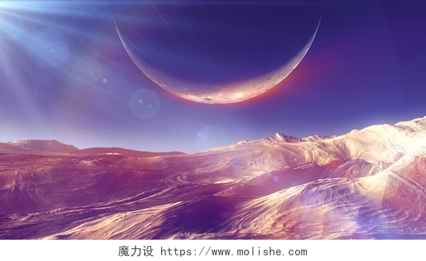 高山上同时看到太阳和月亮surface planet in space, 3d render illustration